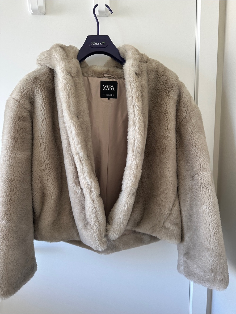 Zara Plush Faux Fur Cropped Jacket in Taupe